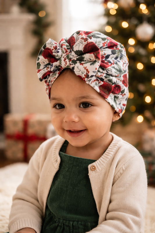 Poinsettia Christmas Baby Turban Hat | Red Holiday Headwrap for Newborn, Infant & Toddler Girls