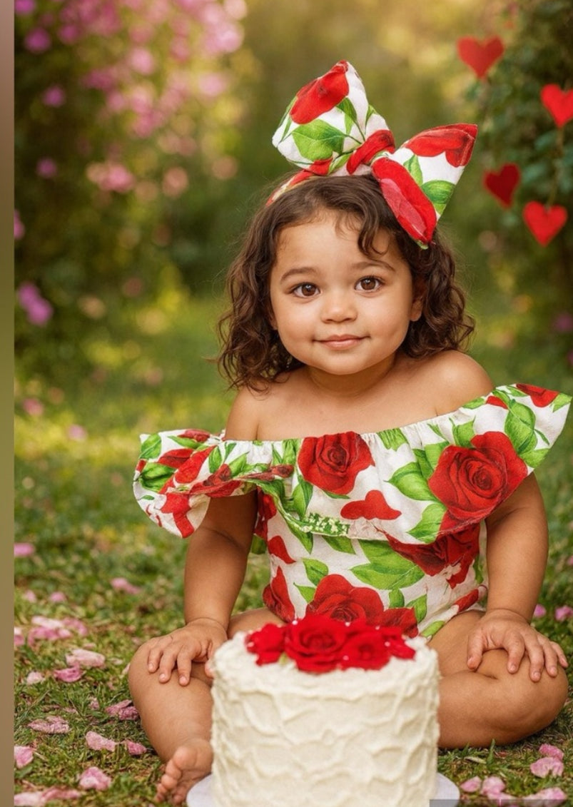 Rose Baby ruffle Valentines Romper with bow wrap