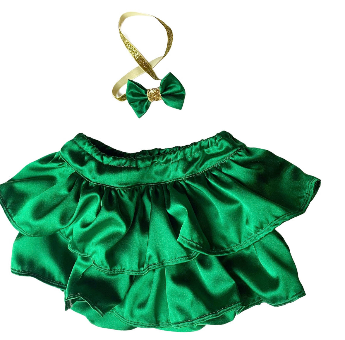 Lucky one ruffle satin girl skirt with matching green and gold headband