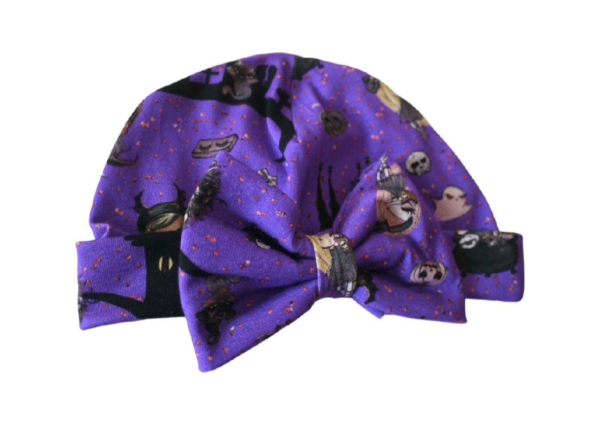 Purple Halloween Baby Turban Hat – Newborn Girl Headwrap with Bow, Spooky Bat & Witch Print, my first Halloween