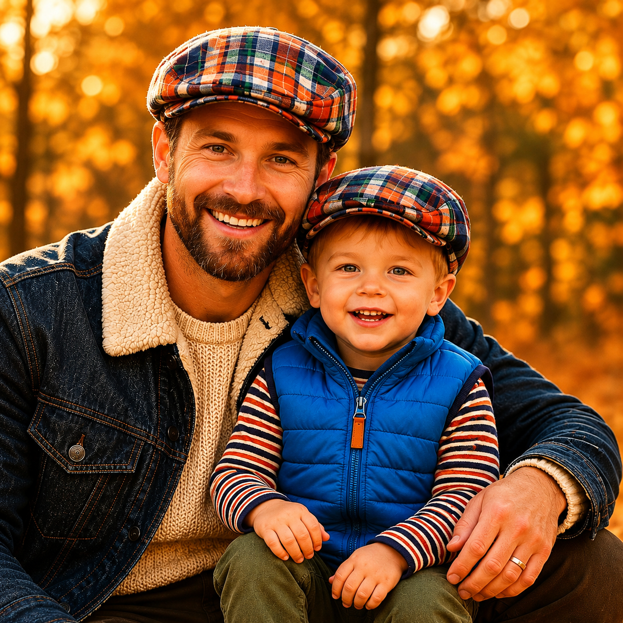 Family Matching Plaid Flat Caps – 100% Cotton Flannel Hats for Men, Boys & Toddlers in Orange and Navy