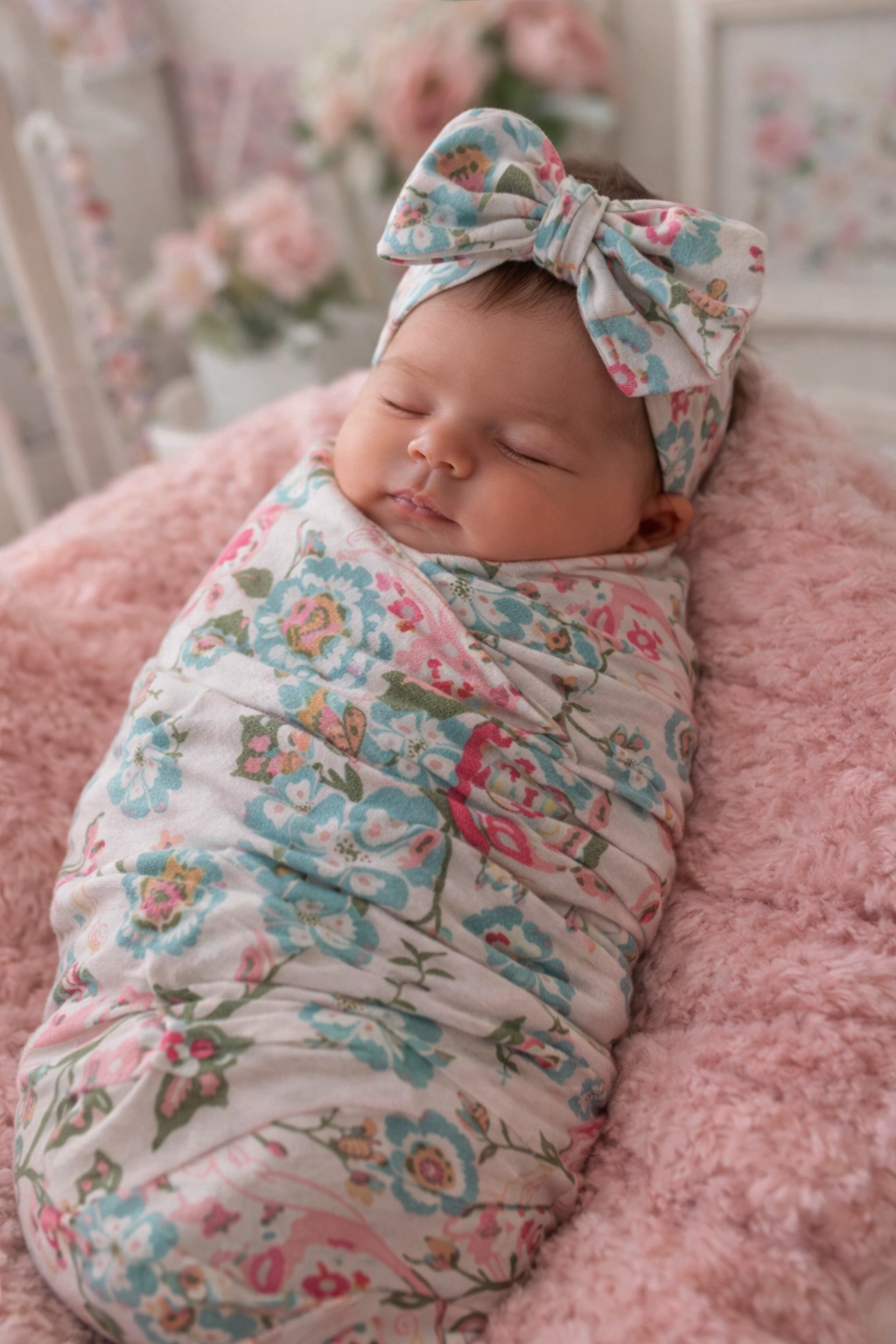Baby blush rose swaddle newborn blanket with bunny headband