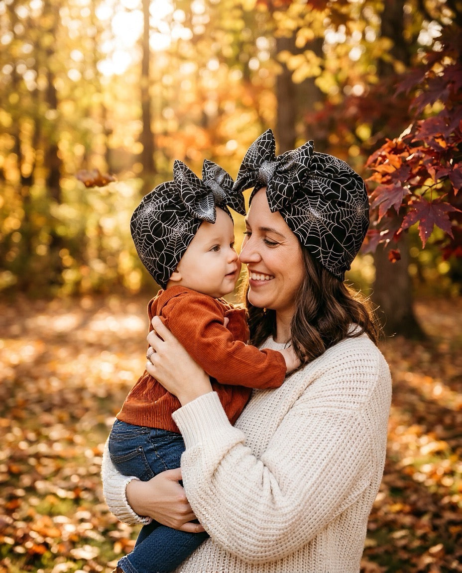 Spooky spiders handmade turban I Halloween baby and toddler turban I Halloween spiderweb turban