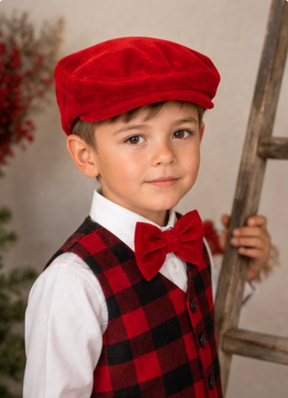 Red Christmas Velvet Flat Cap and bow tie set