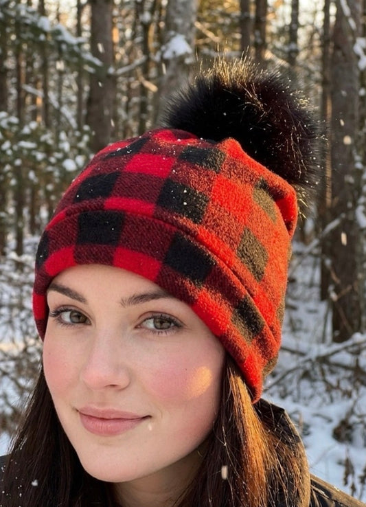 Red Plaid Buffalo Hat, Newborn Buffalo Plaid Beanie, Cotton Lumberjack Plaid Hat, Wild One Buffalo Plaid, Baby Shower Gift, Pompom hat