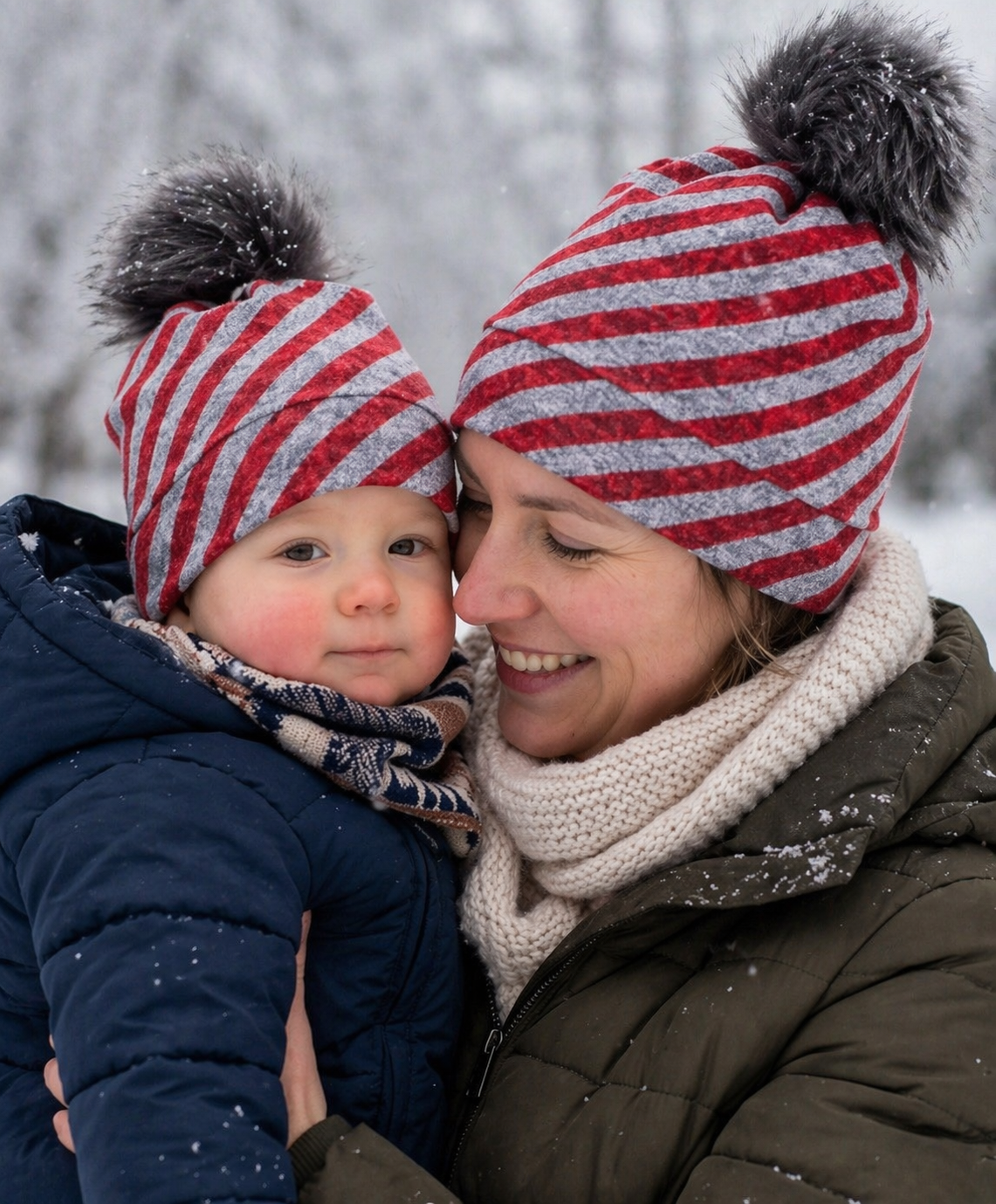 Mommy and Me Matching Hats Set – Red Stripe Pom Pom Beanie – Winter Hat