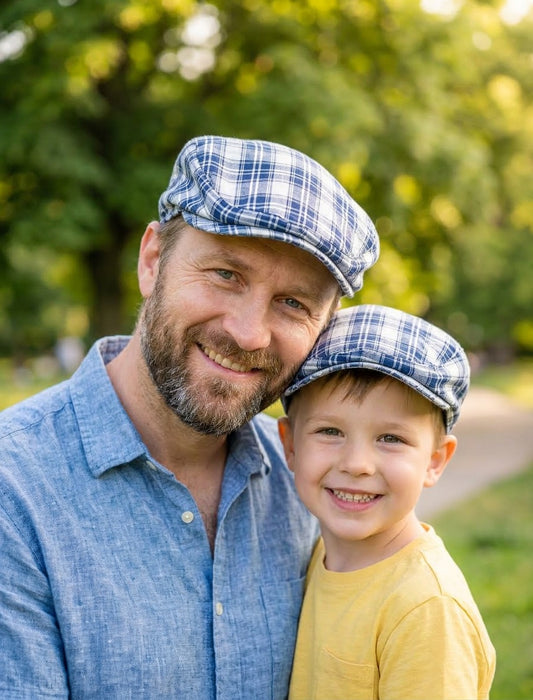 Classic Blue Plaid Flat Cap for Men and Boys, Lightweight Summer Father Son Hat