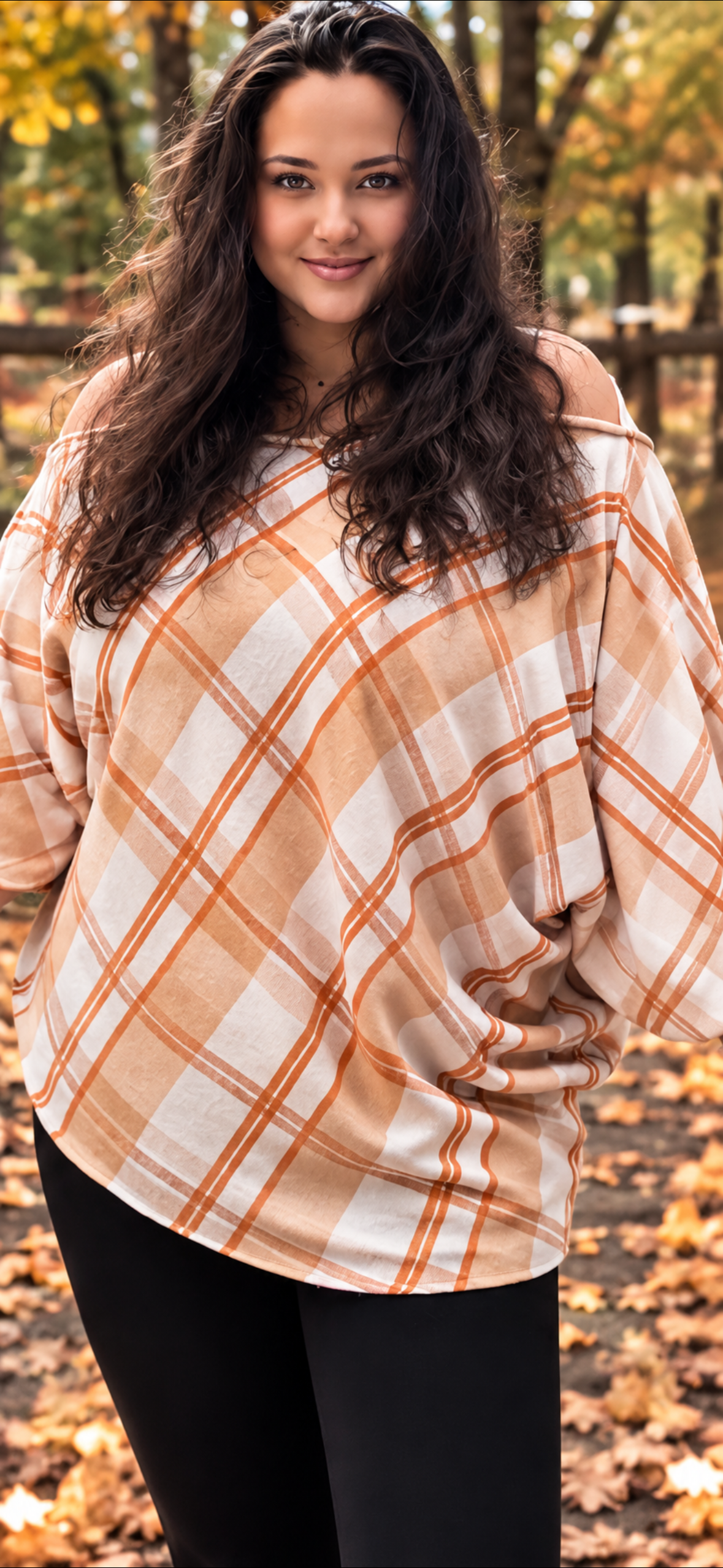 Women’s Plaid Off Shoulder Batwing Top | Oversized Fall Poncho Blouse– Cream & Rust