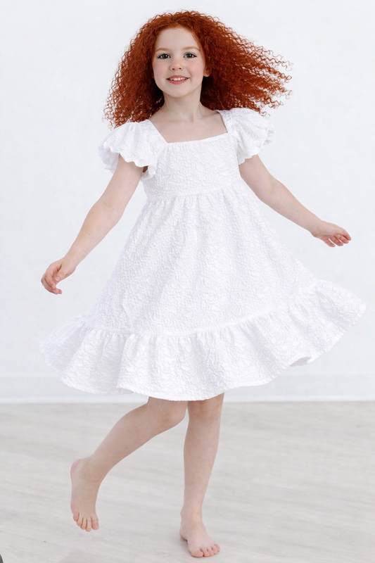 Bohemian puff sleeve embroidered white flower girl dress