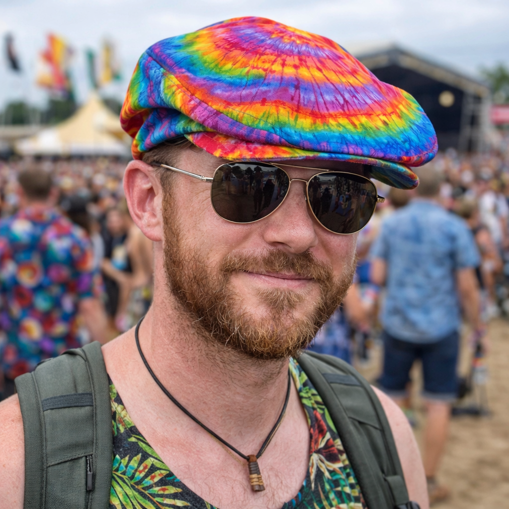 Handmade Tie Dye Flatcap Gatsby Newsboy Rave Hat Rainbow Multi Colour Festival Tie dye flat cap
