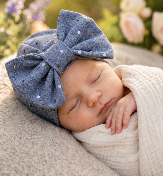 Grey Sparkle Baby Turban Hat with Bow – Newborn Girl Headwrap, Soft Stretch Infant Beanie, Baby Shower Gift