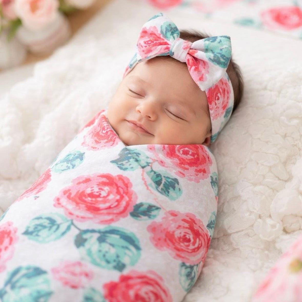 Baby rose floral swaddle blanket with headband