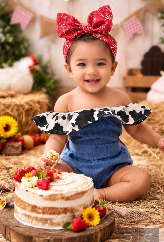 Cowgirl western romper with red bandanna bow wrap