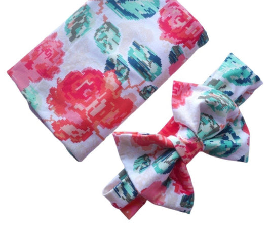 Baby rose floral swaddle blanket with headband