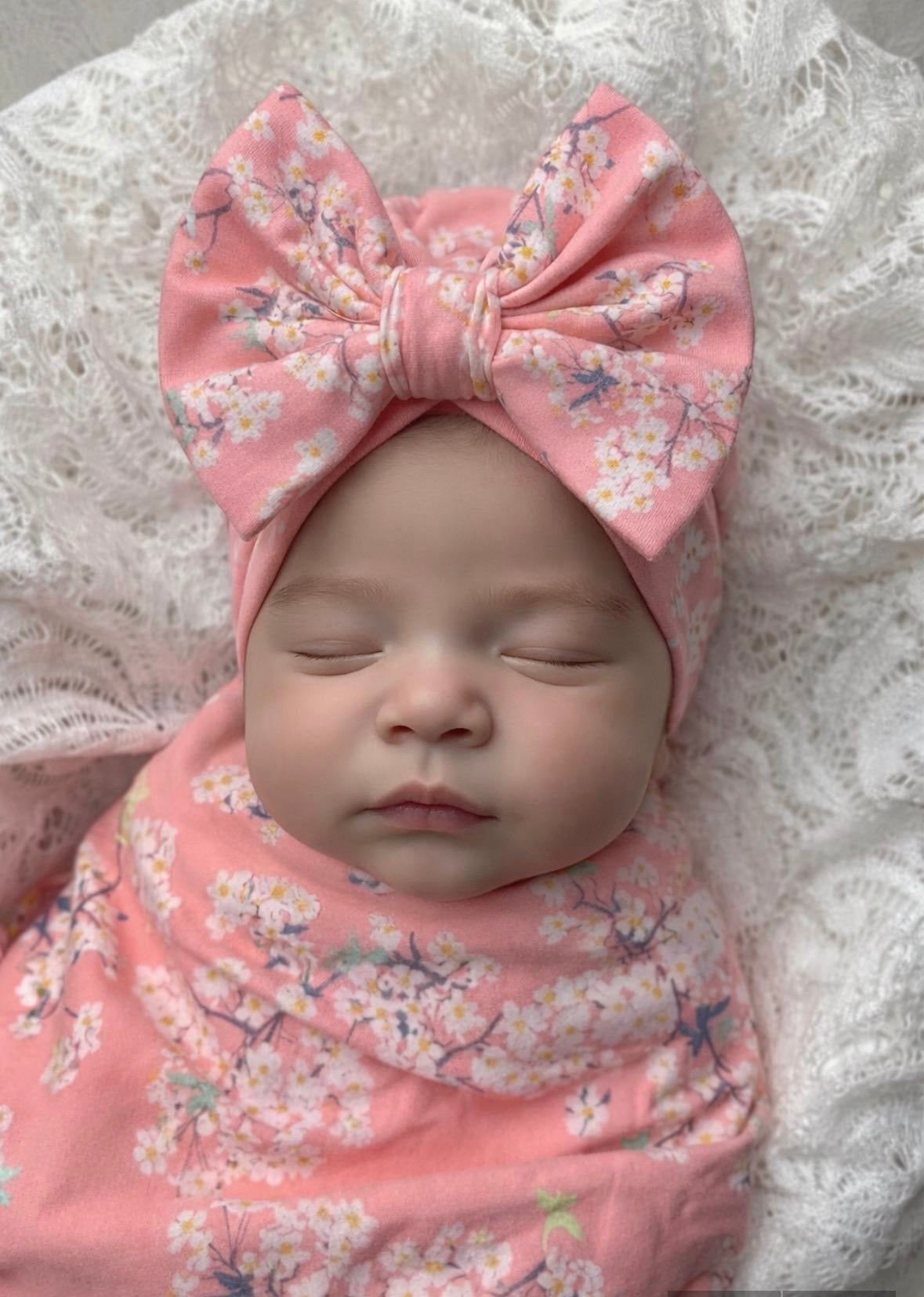 Cherry Blossom Pink Baby Swaddle Blanket with bow hat