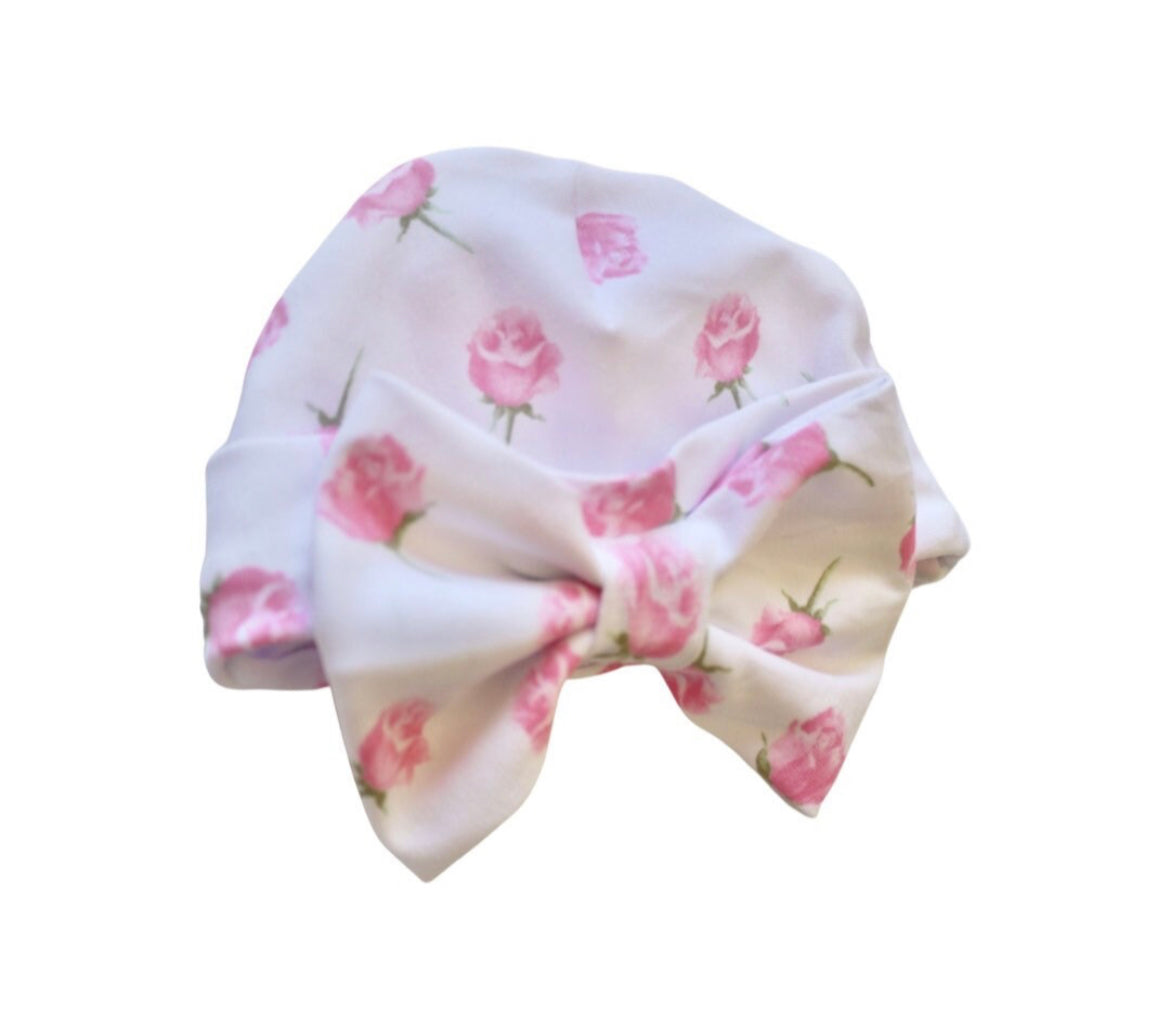 Baby girl pink roses newborn hospital bow hat