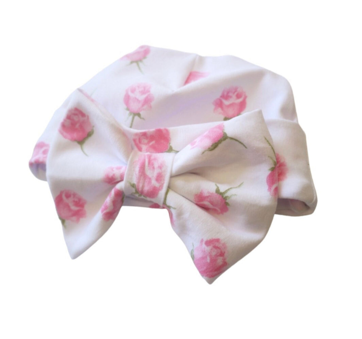 Baby girl pink roses newborn hospital bow hat