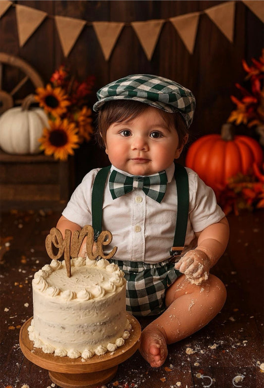 Boys Cake Smash Outfit - Gingham - Vintage gingham - Diaper Cover, Bow Tie & suspenders