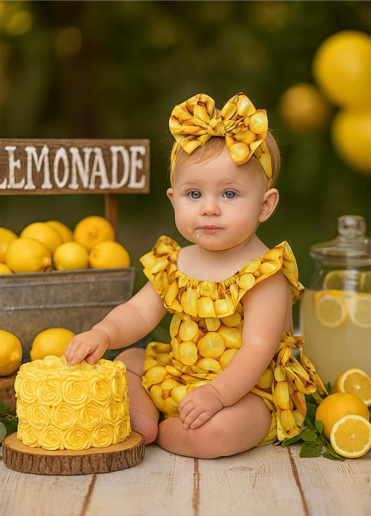Ruffle Lemon baby romper with bow wrap