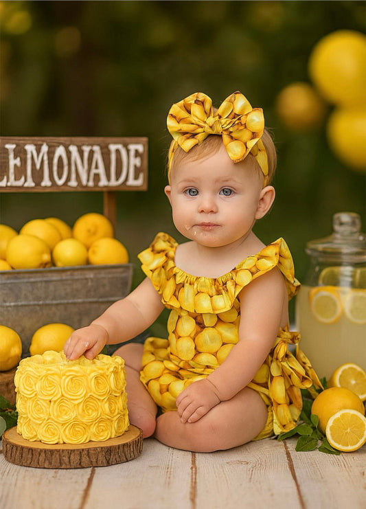 Ruffle Lemon baby romper with bow wrap