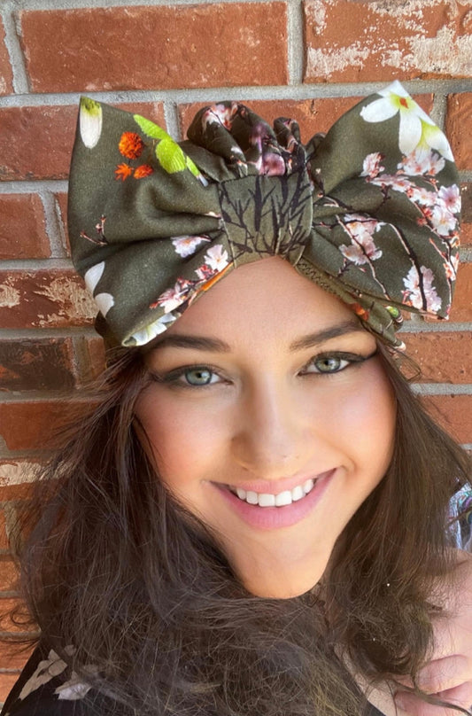 Olive Cherry Blossom Floral Turban Headwrap for kids and women