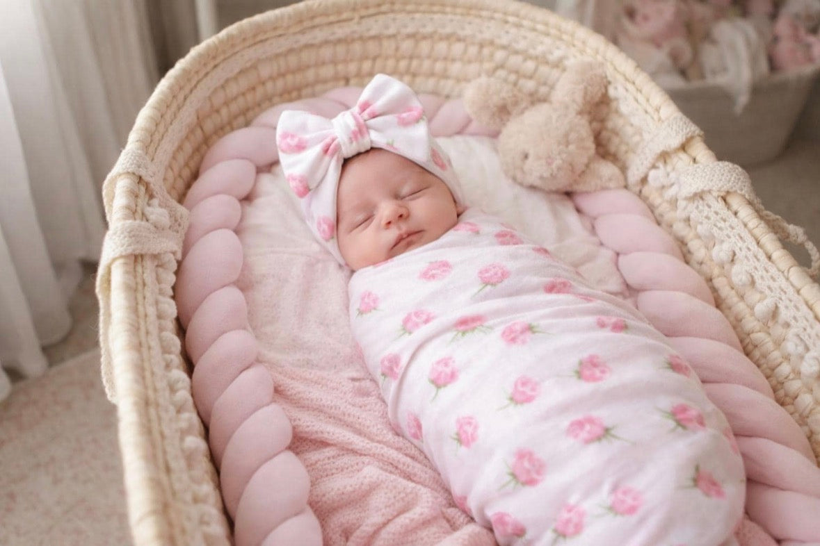 Rose pink Baby Swaddle Blanket with bow hat