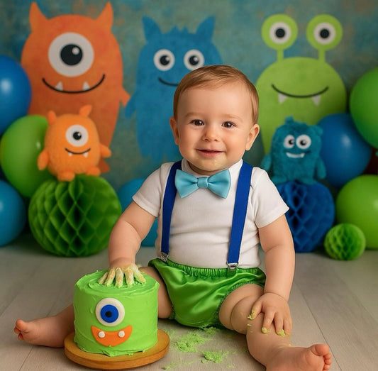 Monsters inspired Smash Cake Outfit | Boy First Birthday blue green first birthday outfit