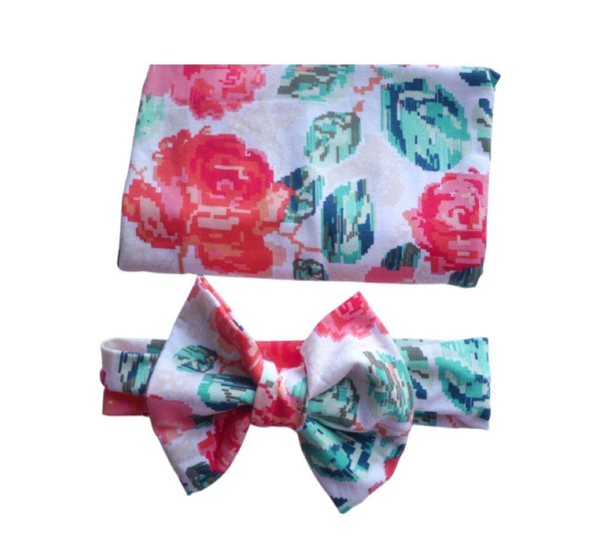 Baby rose floral swaddle blanket with headband