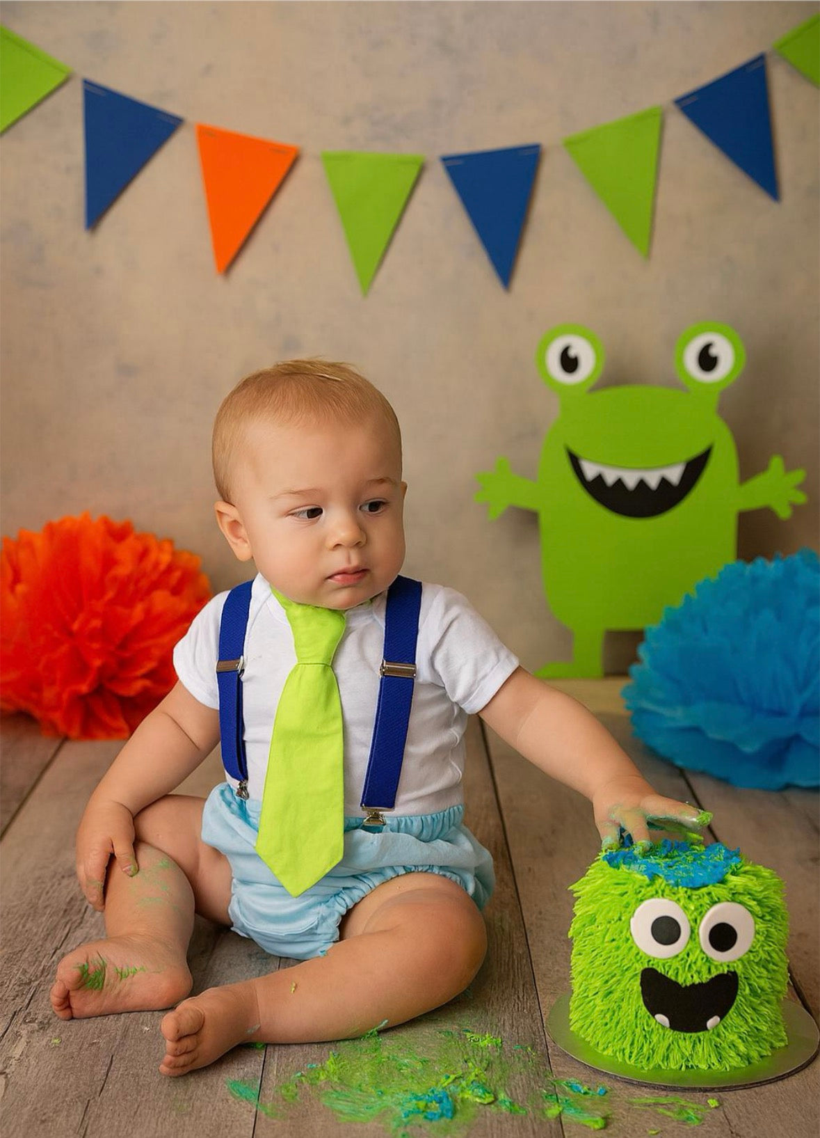 Boys First Birthday Outfit - Monster Party - Diaper Cover, Tie & bloomers - blue Suspenders - 1st Birthday - Cake Smash Outfit