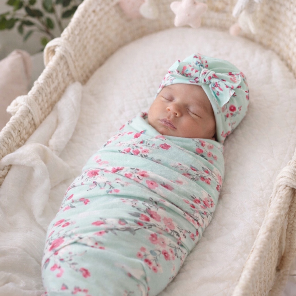 Mint Aquamarine floral Baby swaddle blanket with bow hat