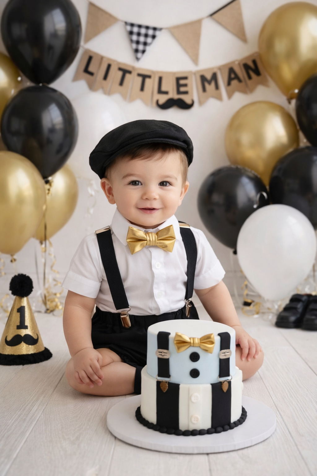 Baby boy first birthday outfit, black and gold little man theme