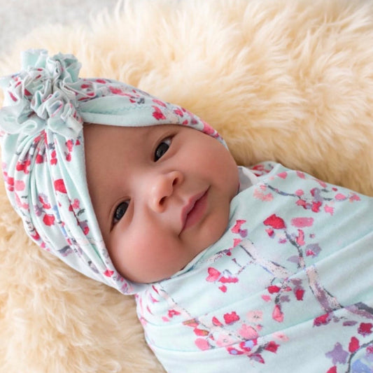 Mint Aquamarine floral Baby swaddle blanket with ruffle turban hat