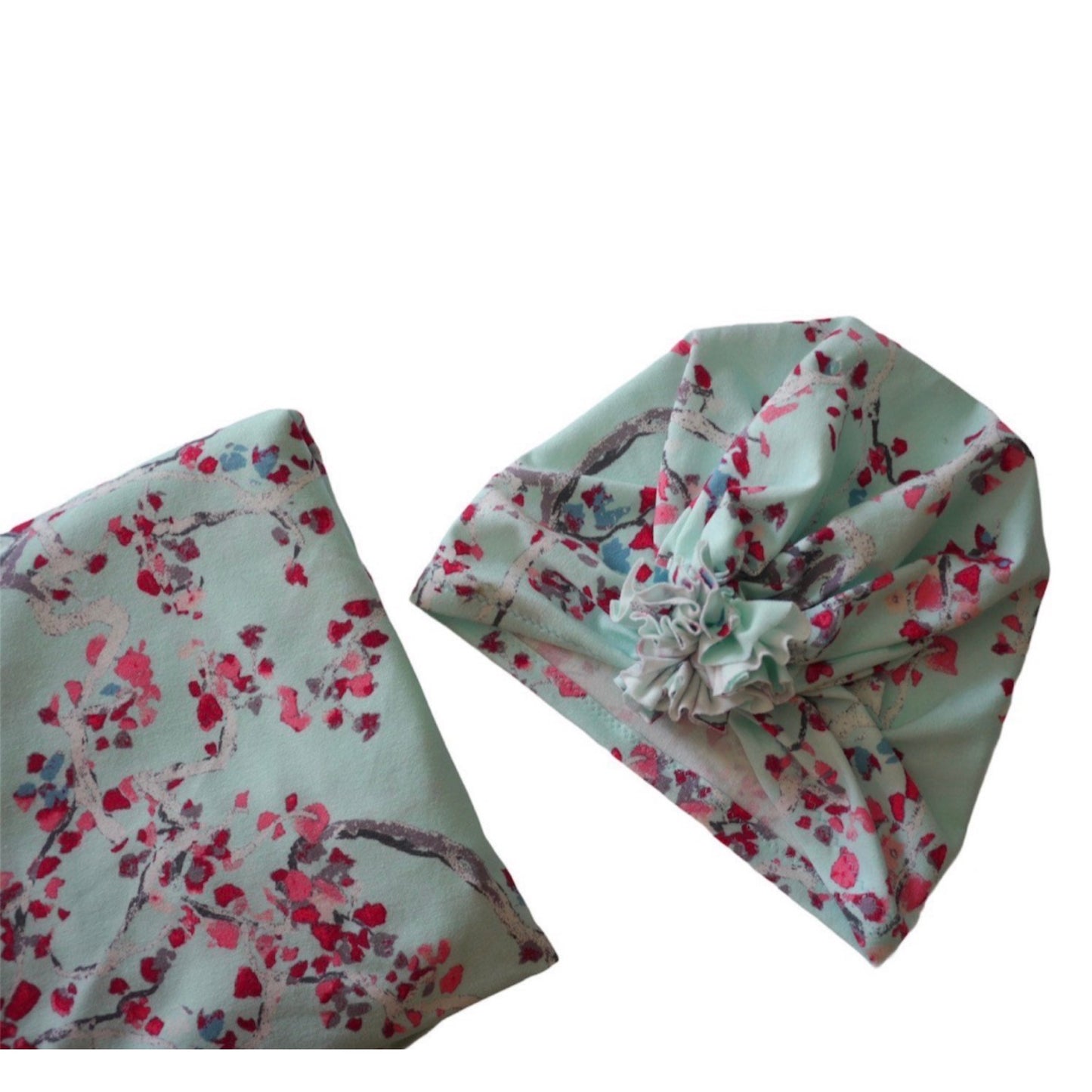 Mint Aquamarine floral Baby swaddle blanket with ruffle turban hat