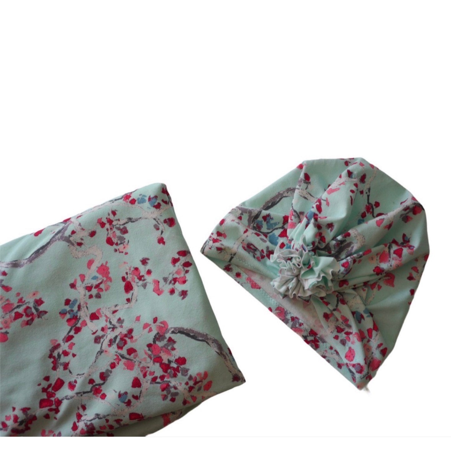 Mint Aquamarine floral Baby swaddle blanket with ruffle turban hat