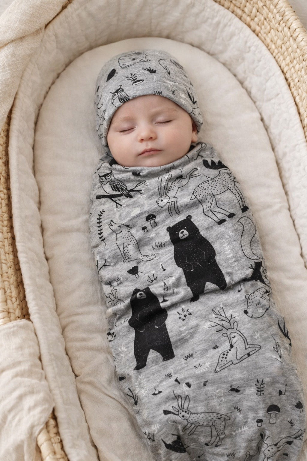Woodland Baby Boy Blanket with Newborn Hospital Beanie