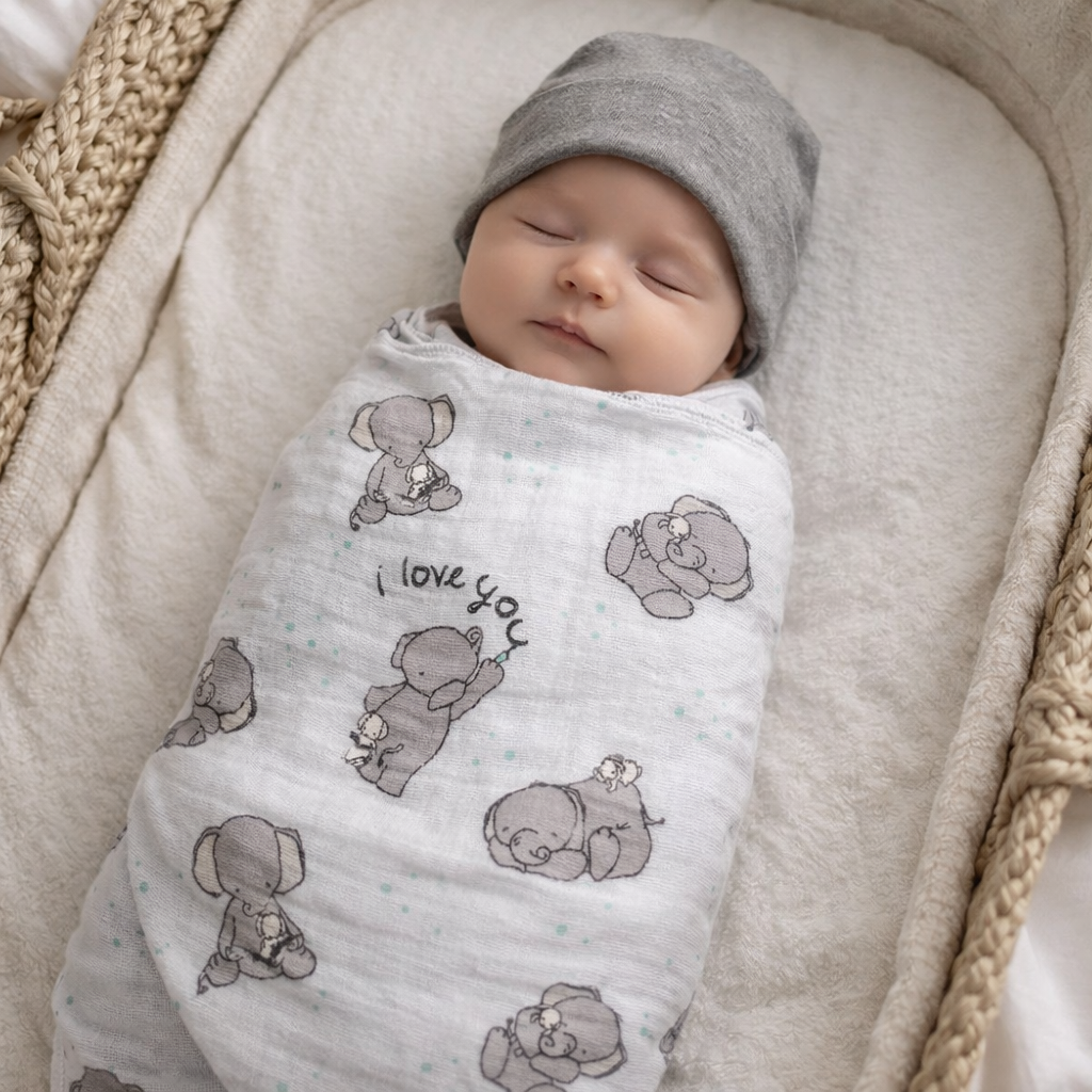 Grey Little Elephant Organic Bamboo Muslin Baby Swaddle Blanket with grey beanie hat