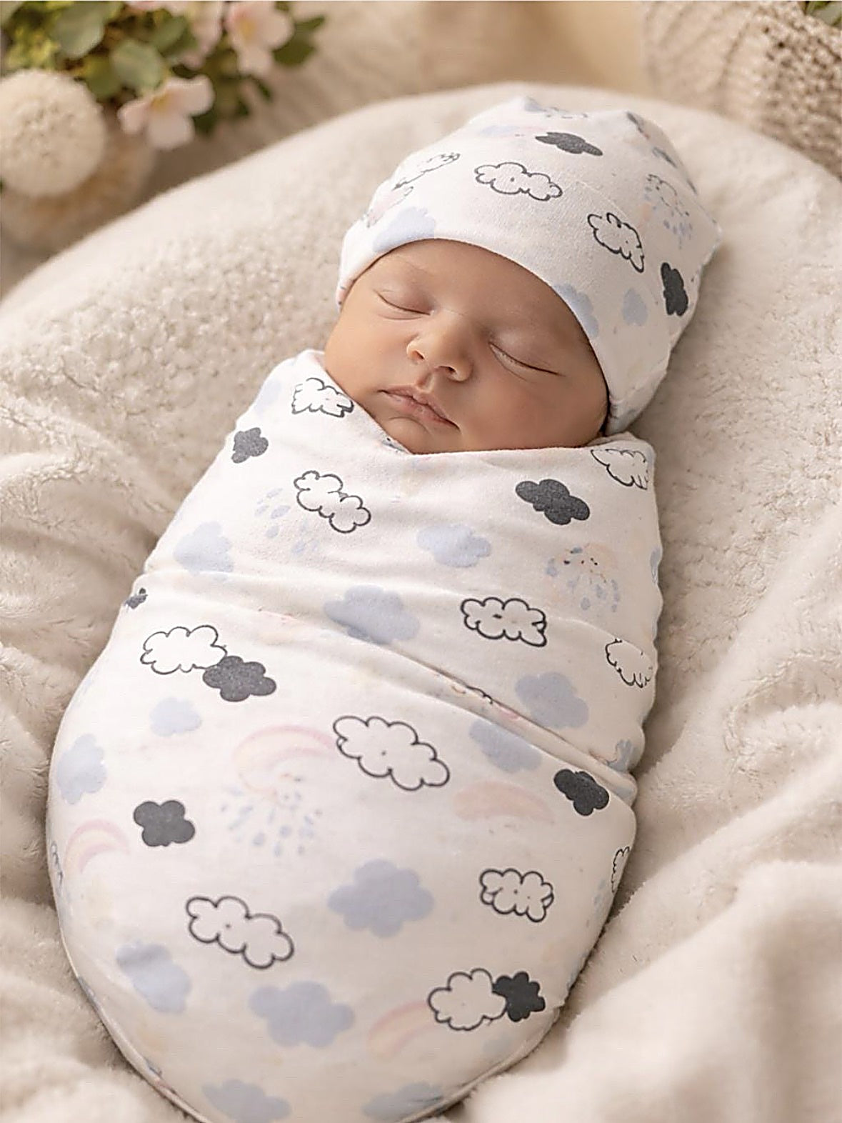 Colour Changing Rainbow Baby Swaddle Blanket with baby newborn hat