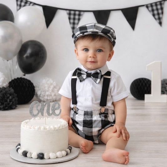 First Birthday black and white checkered Cake Smash Outfit with flat cap