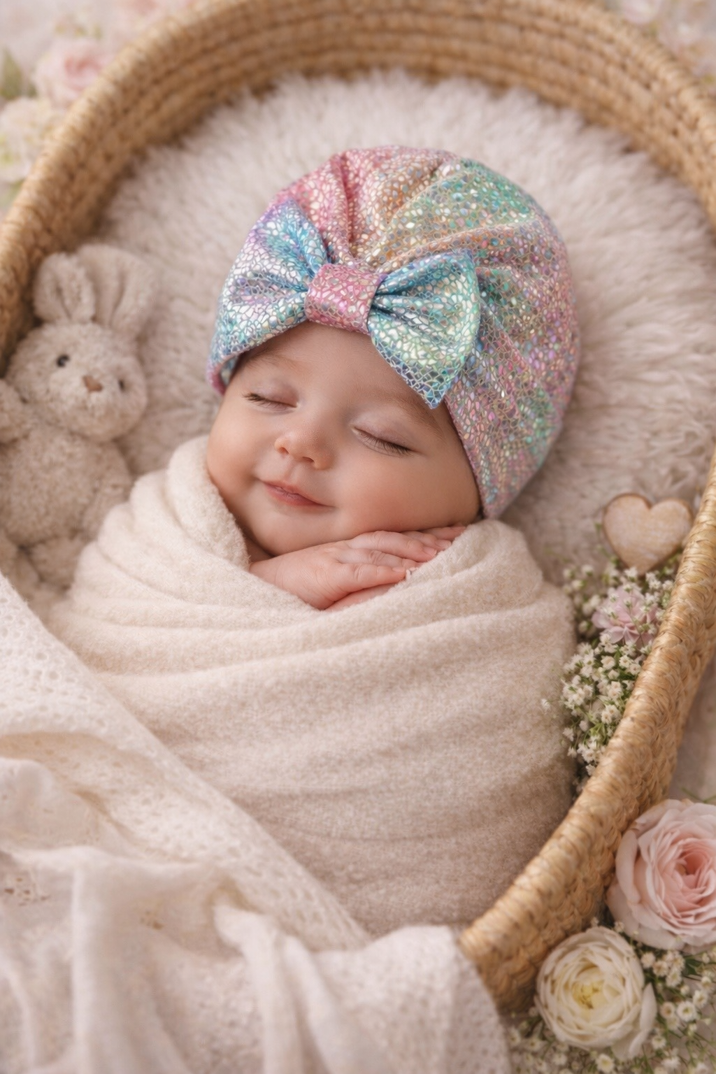Iridescent Rainbow Baby Turban Hat with Bow | Stretch Headwrap