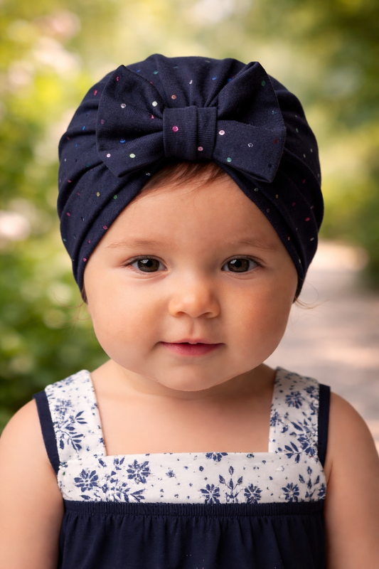 Black sparkle jersey bow turban hat