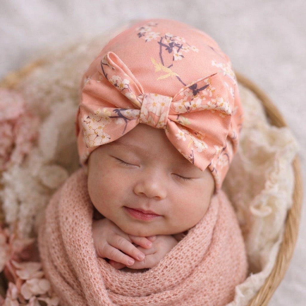 Cherry bow hat in blush pink