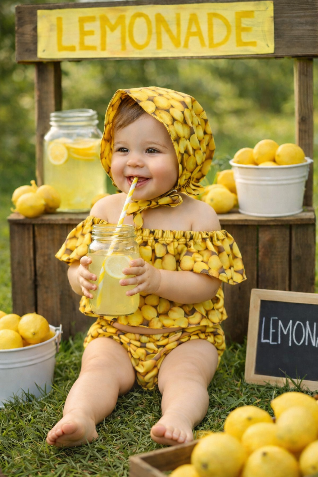 Lemon Baby Girl Outfit Set | Bonnet, Off-Shoulder Top & Bloomers (3 Piece)