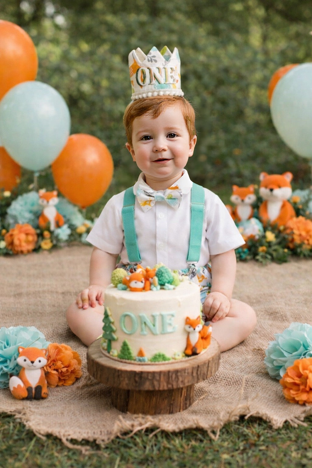 Woodland Fox Baby Boy Cake Smash Outfit Bloomer Diaper Cover, Suspenders and Bow Tie Set