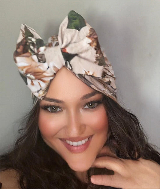 Beige Floral Turban Style Headwrap