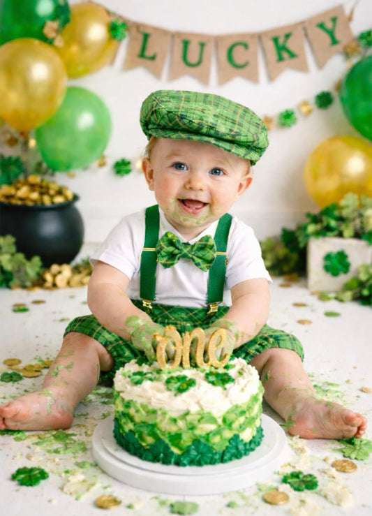 Green plaid Boy Cake Smash Outfit for Patrick’s Day Cake Smash Birthday celebration