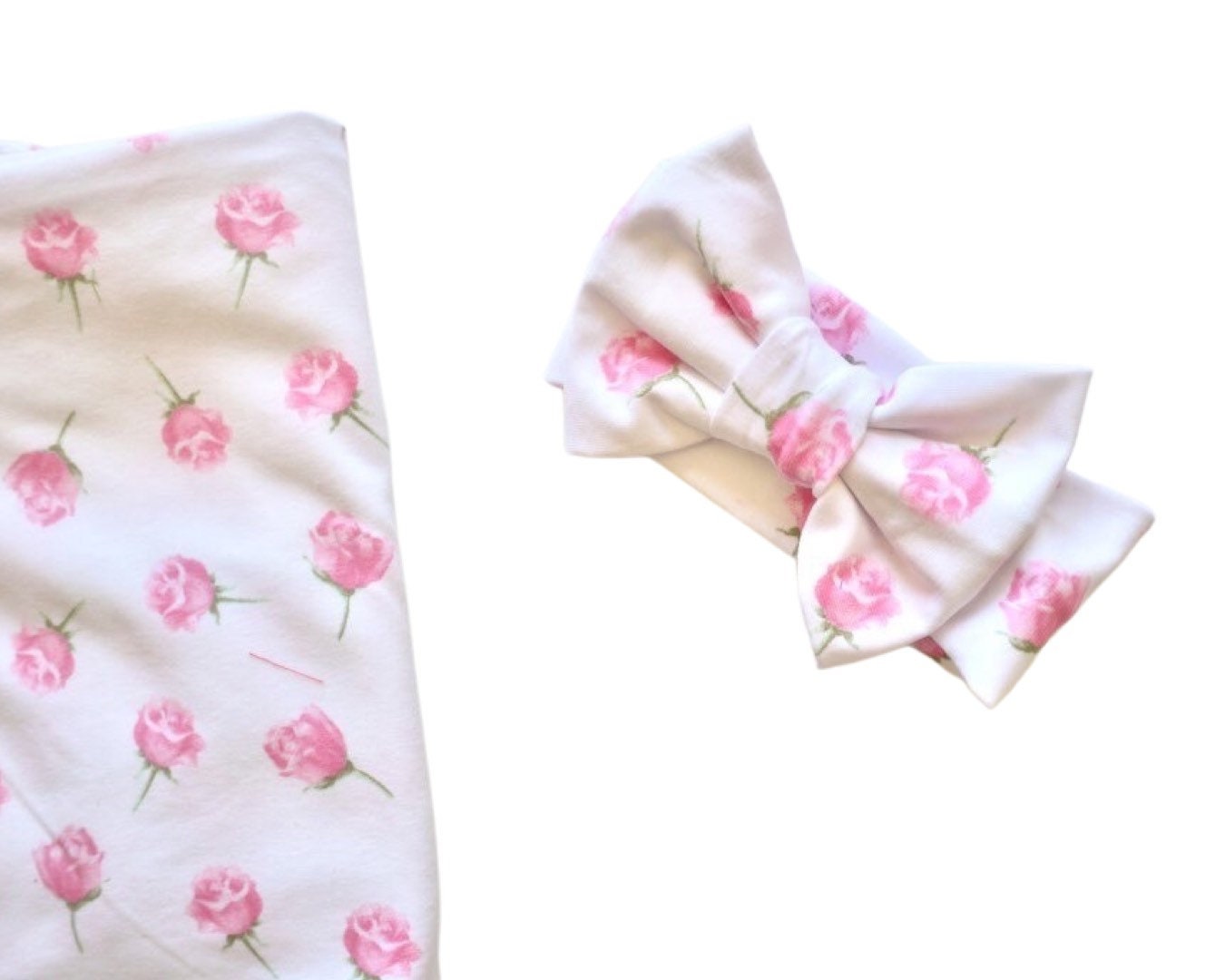Rose pink Baby Swaddle Blanket with bow hat