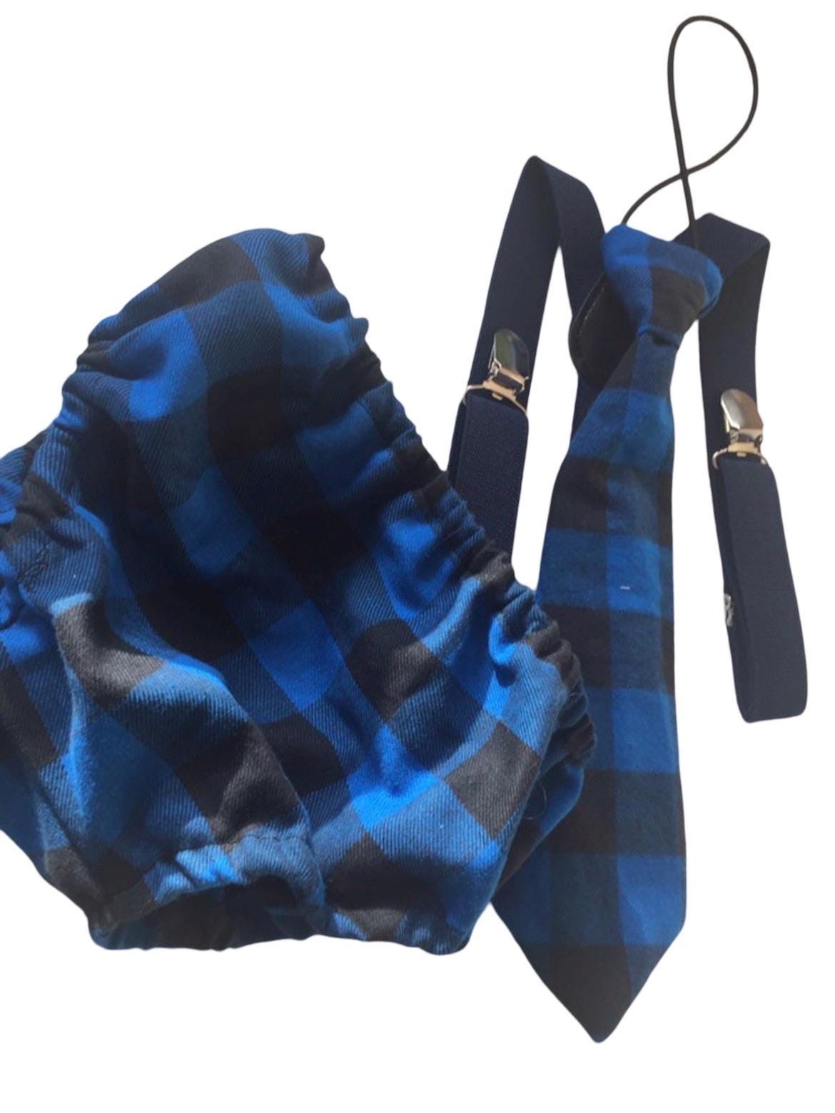 Boys Cake Smash Outfit - blue Black Plaid - Buffalo Plaid - Lumberjack First Birthday Outfit - Diaper Cover, Tie & Birthday bloomers