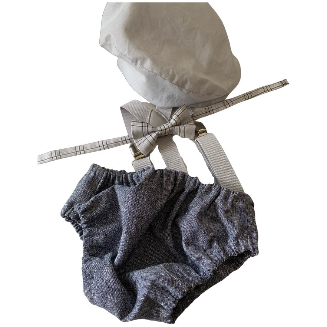 Light denim sitter set - baby boy photo prop - baby clothes - vintage style - flat cap - cake smash outfit