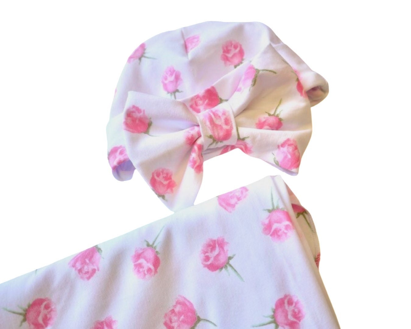 Rose pink Baby Swaddle Blanket with bow hat
