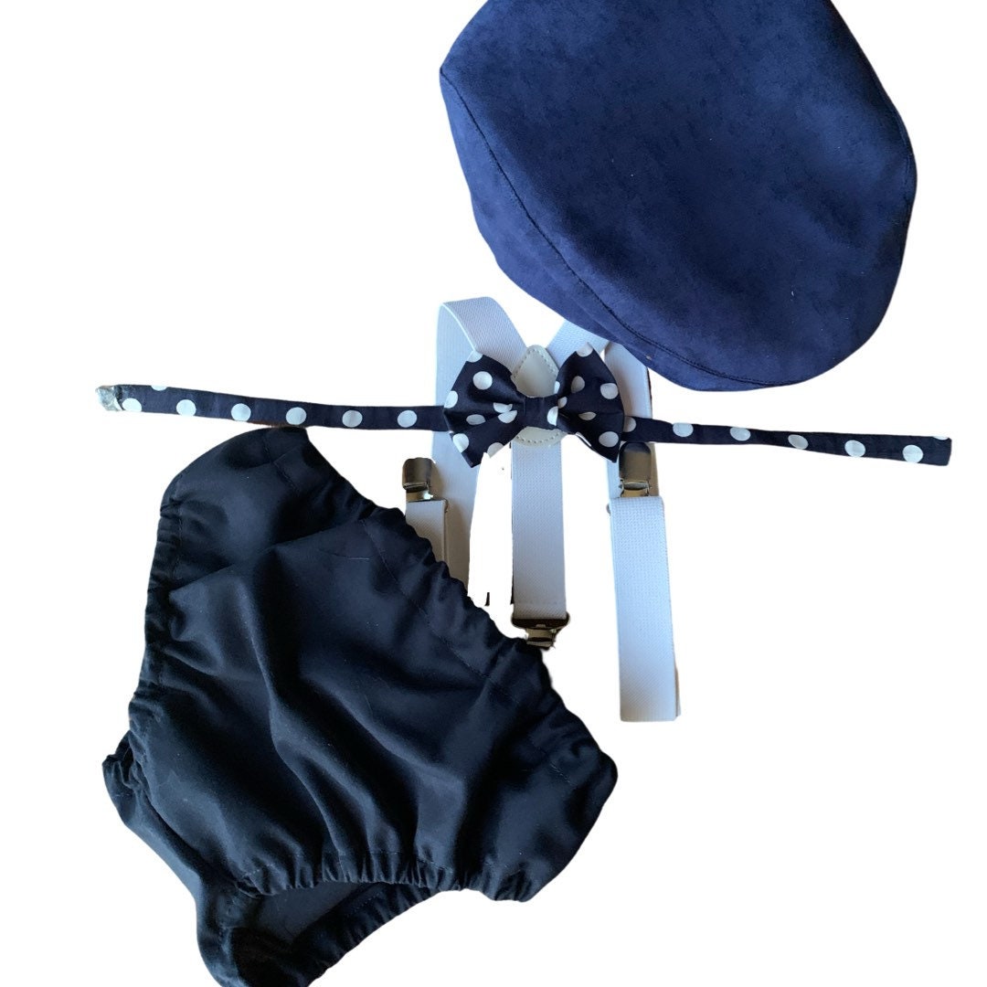Navy Smash Cake Outfit Boy First Birthday super soft navy cotton Diaper Cover, navy Suspenders and navy bow tie 1st Birthday Photoshoot